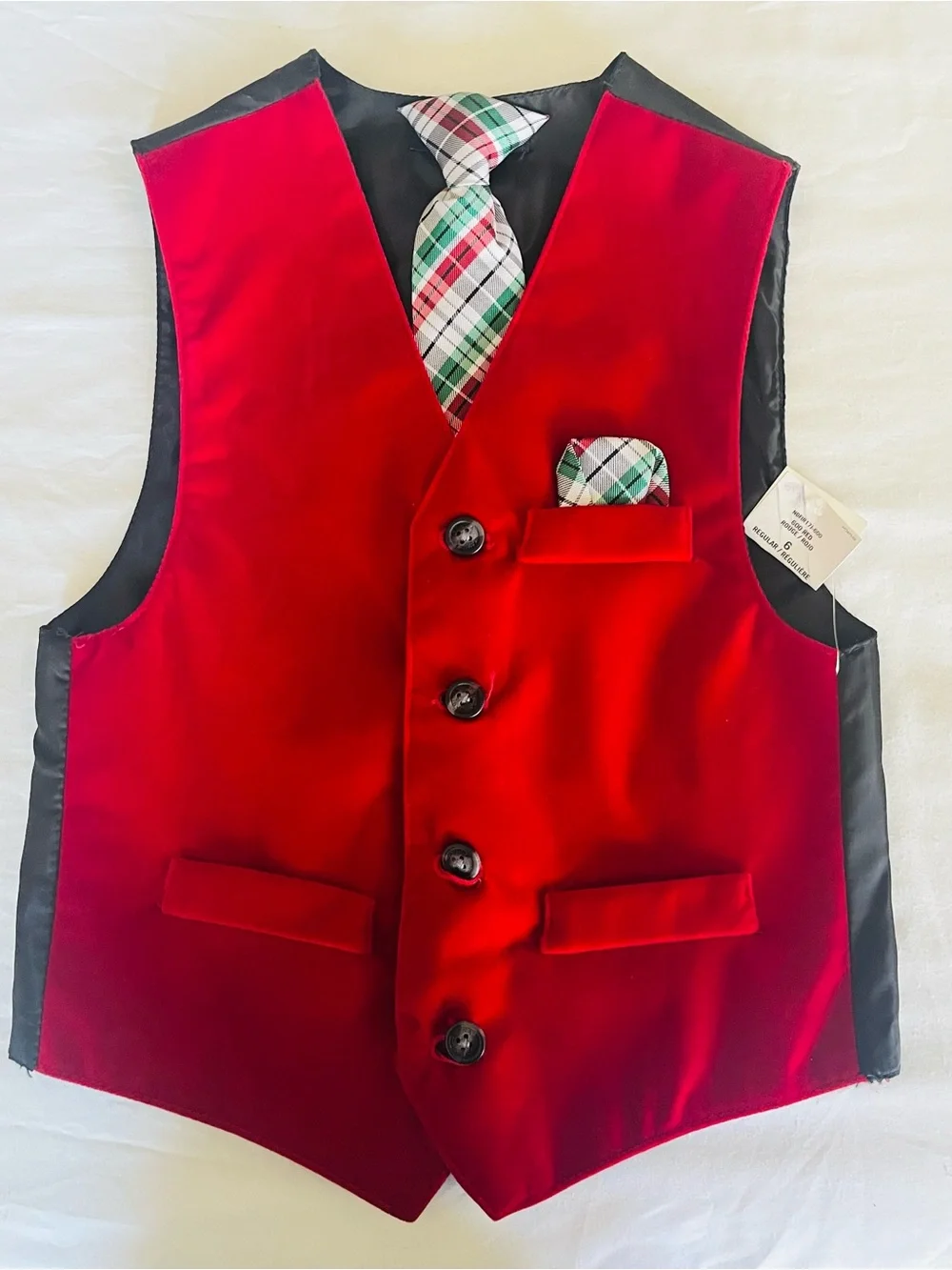 Nautica Red Satin FestiveVest with Plaid Tie and Pocket Square
